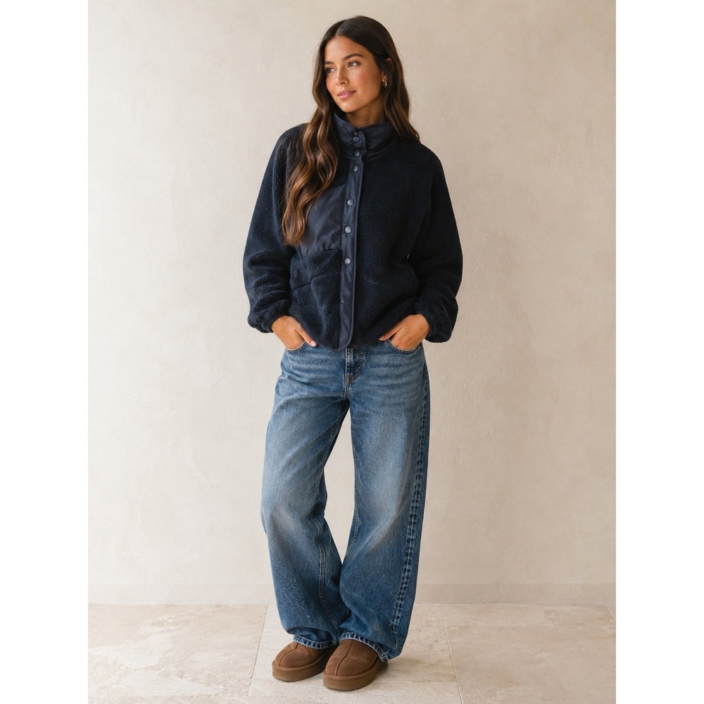 VICI Navy Sherpa Fleece Jacket Large NWOT Teddy Utility Gorpcore Snap Front